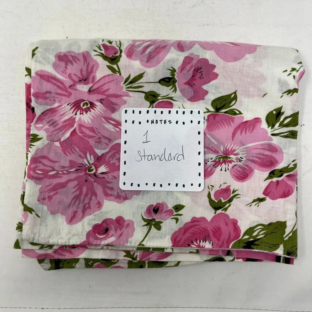 Vintage Floral Pink Rose Standard Pillowcase White Green Shabby Chic Cottagecore